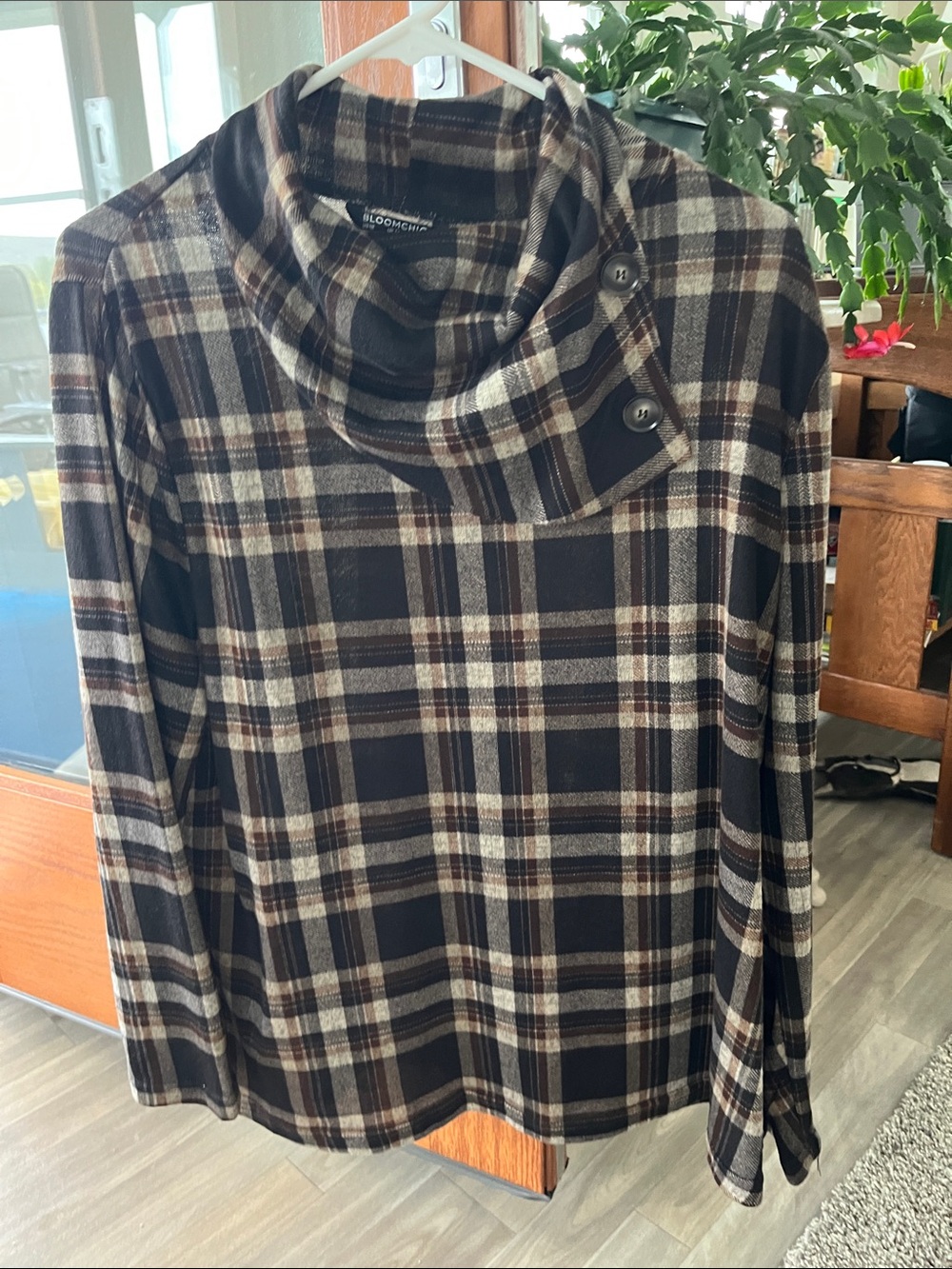 BloomChic Brown and Cream Plaid Cowl Neck Pullover